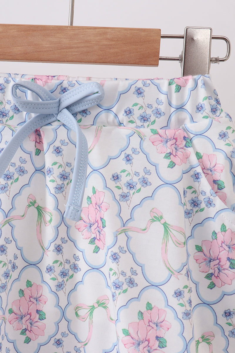 Blue Floral Bow Skort Set