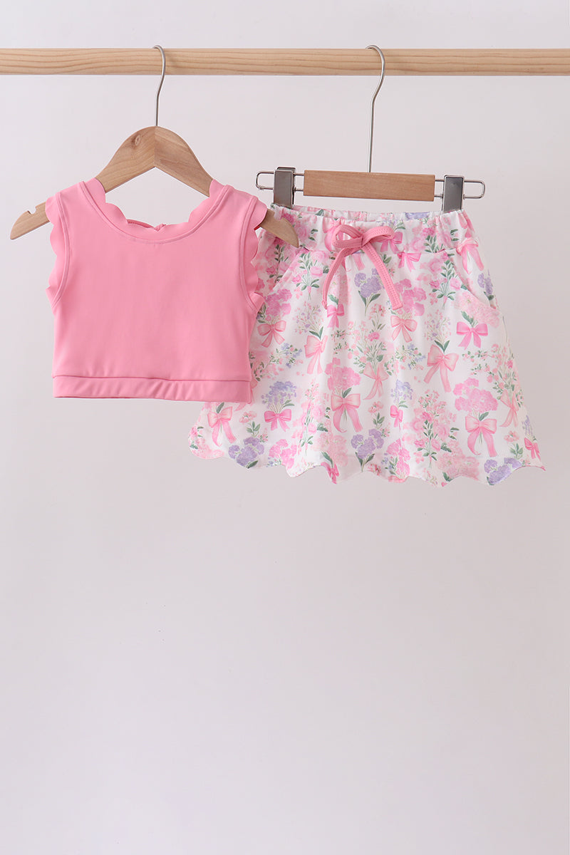 Pink Floral Bow Skort Set