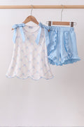 Blue Bow ribbon print Ruffle Short Set