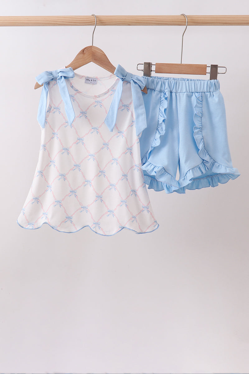 Blue Bow ribbon print Ruffle Short Set