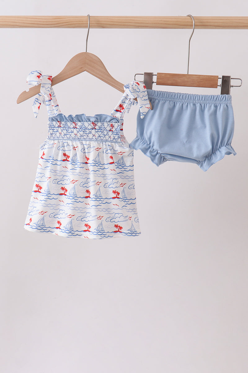 Blue Sailboat Smocked Set